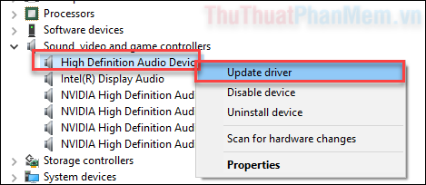 Click chuột phải vào thiết bị âm thanh của bạn và chọn Update driver