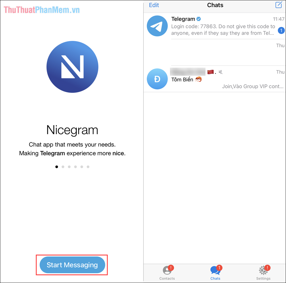 Chọn Start Messaging để bắt đầu và đăng nhập bằng tài khoản Telegram của bạn trên điện thoại