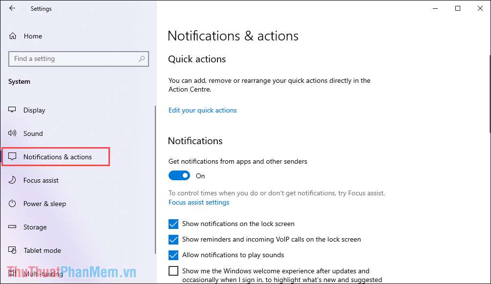 Chọn thẻ Notifications & actions