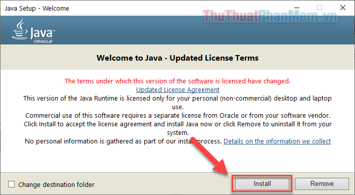 Mở chương trình cài đặt Java và nhấn Install