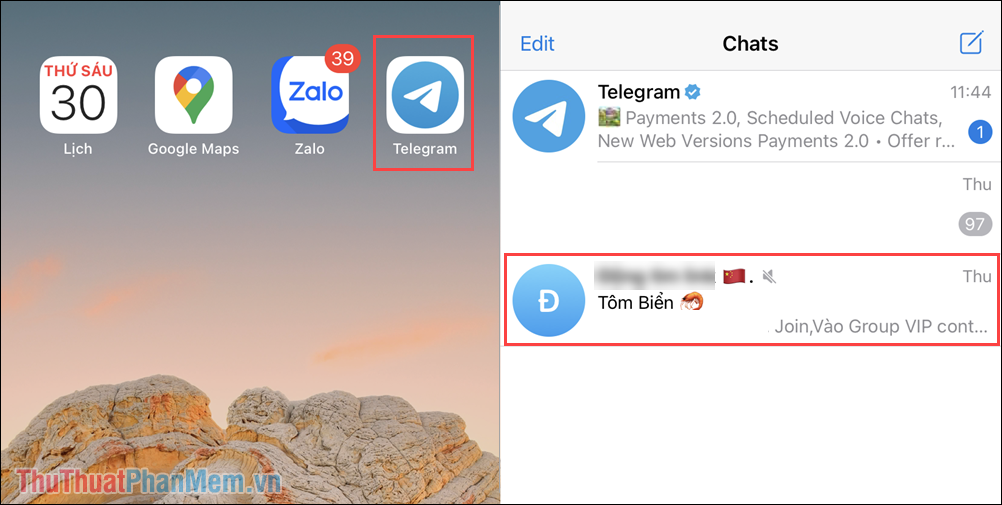 Mở ứng dụng Telegram và chọn nhóm cần xem nội dung