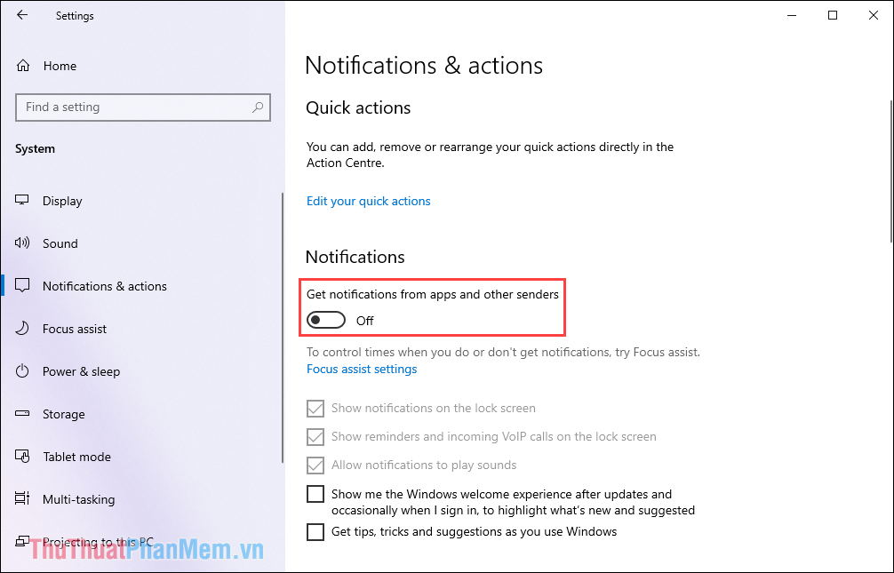Tắt mục Get notifications from app and other senders