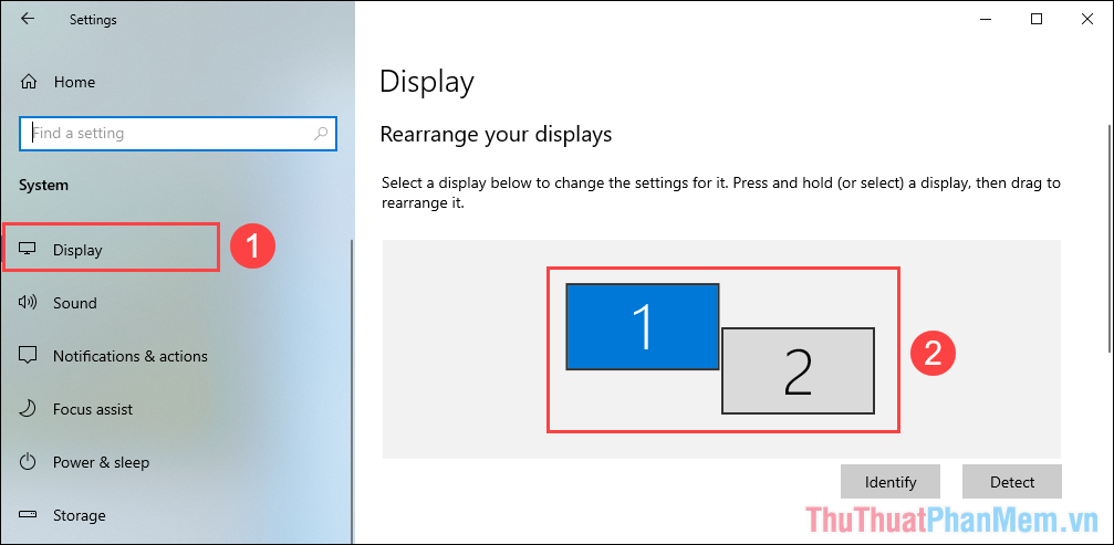 Chọn mục Display để thiết lập màn hình và bên cạnh sẽ hiển thị giao diện hai màn hình
