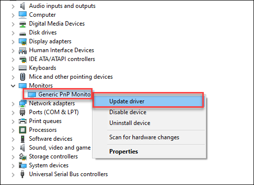 Click chuột phải vào driver trong mục Monitors, sau đó chọn Update driver