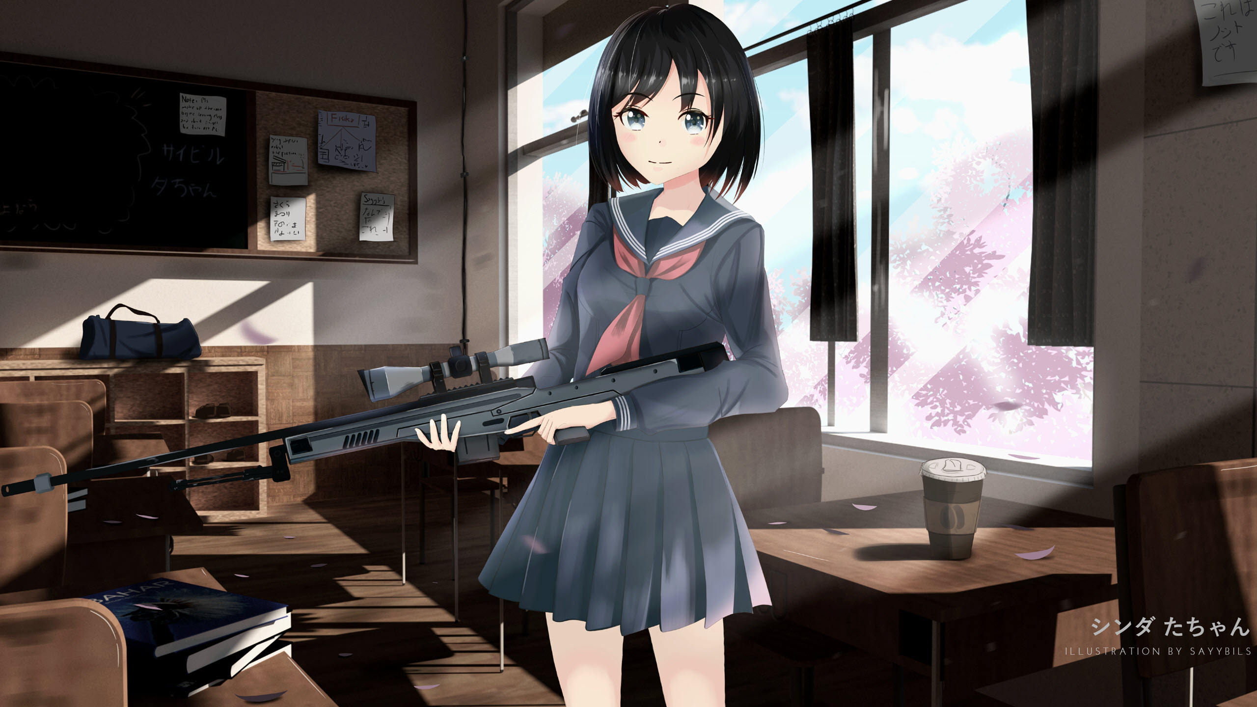 Hình nền Anime nữ cầm súng 2K cho máy tính