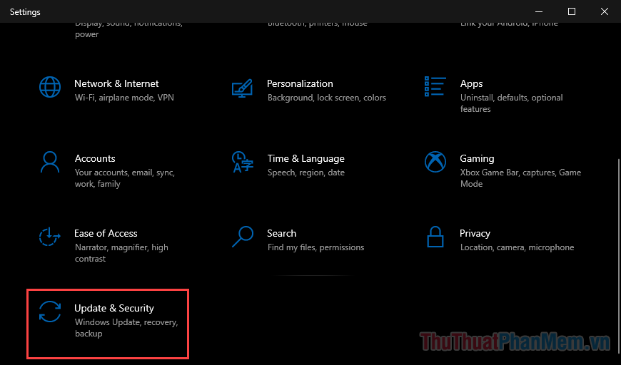Nhấn Windows + I để mở Cài đặt, chọn Update & Security