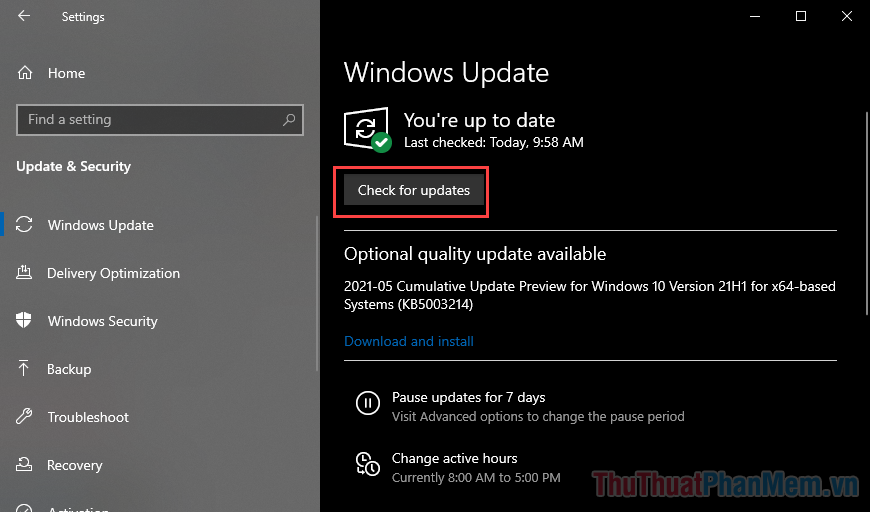 Ở tab Windows Update, chọn Check for updates