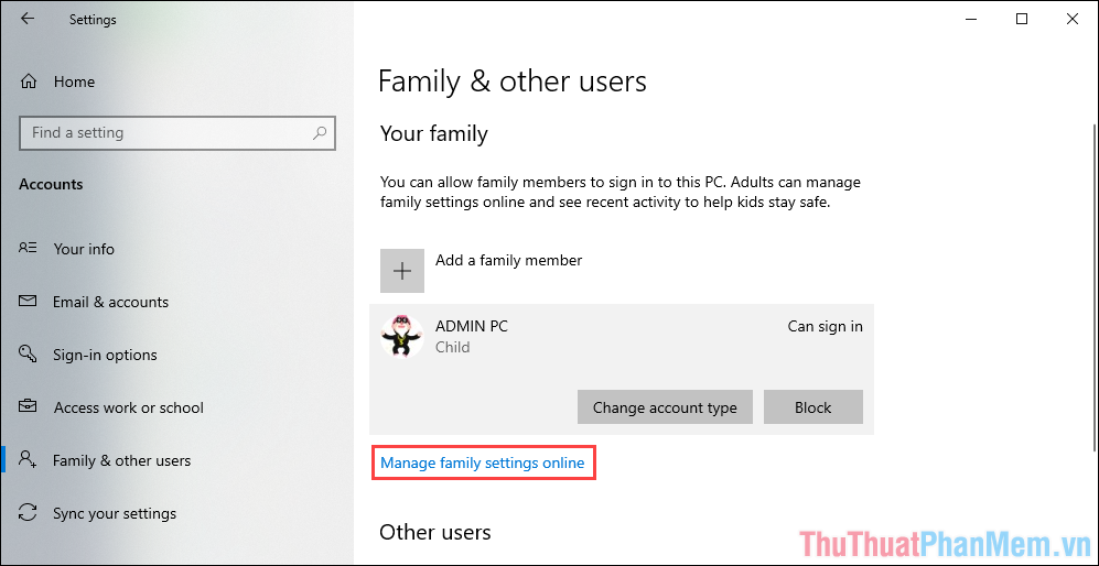 Chọn Manage family settings online để mở rộng thiết lập