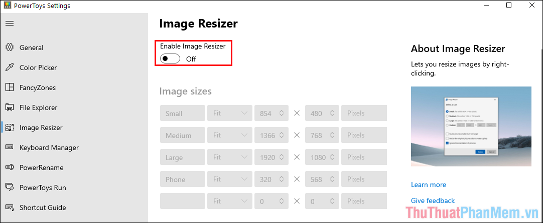 Chọn mục Image Resizer và Enable Image Resizer