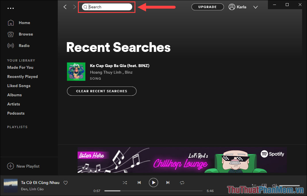 Mở ứng dụng Spotify trên máy tính và nhập người sáng tạo Podcast vào trong thanh tìm kiếm