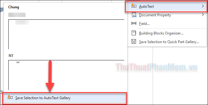 Chọn Auto Text - Save Selection to AutoText Gallery