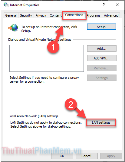 Chuyển sang tab Connections rồi nhấn LAN settings