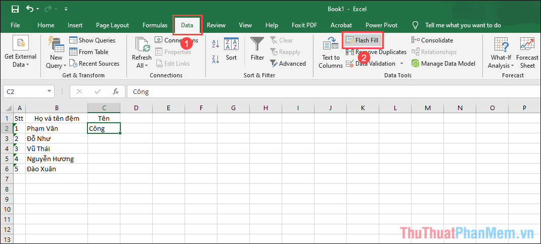 Chọn Flash Fill để kích hoạt tính năng điền nhanh trong hệ thống Excel
