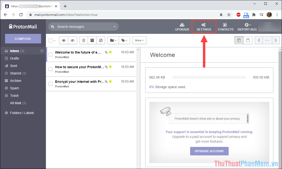 Chọn Settings để mở thiết lập tài khoản ProtonMail