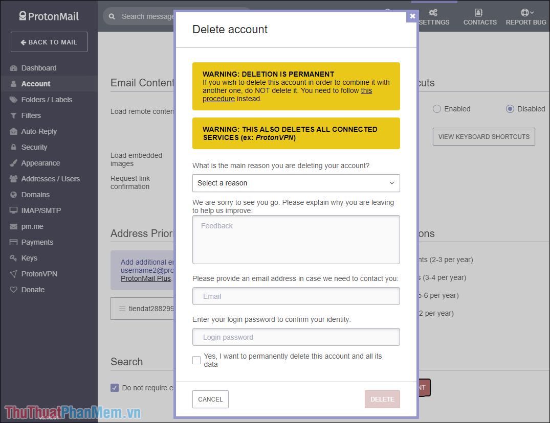 Cửa sổ Delete Account xuất hiện, bạn sẽ phải điền một số các nội dung trước khi đóng tài khoản của mình