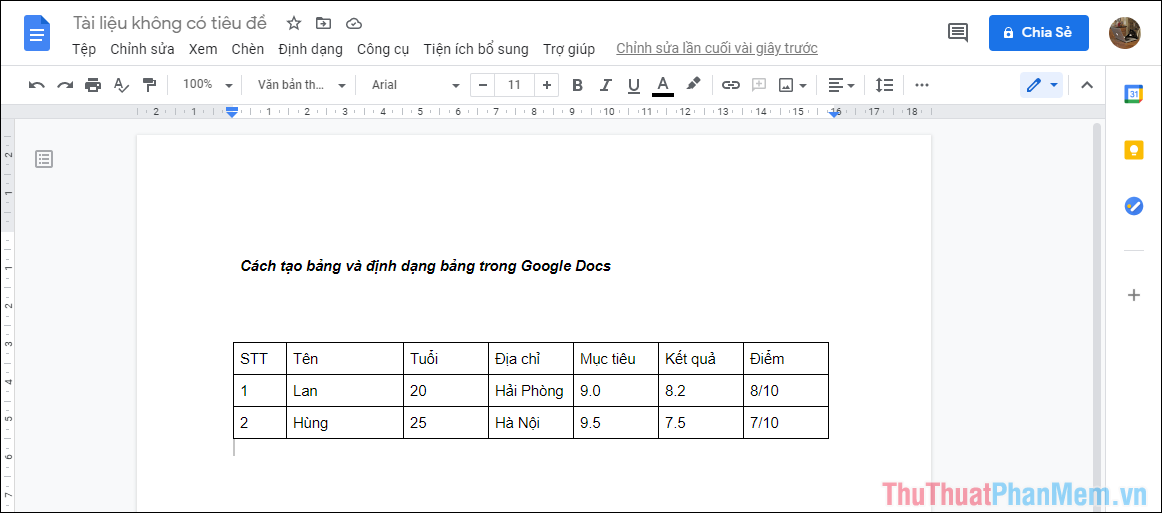 Kết quả tạo bảng trên Google Docs