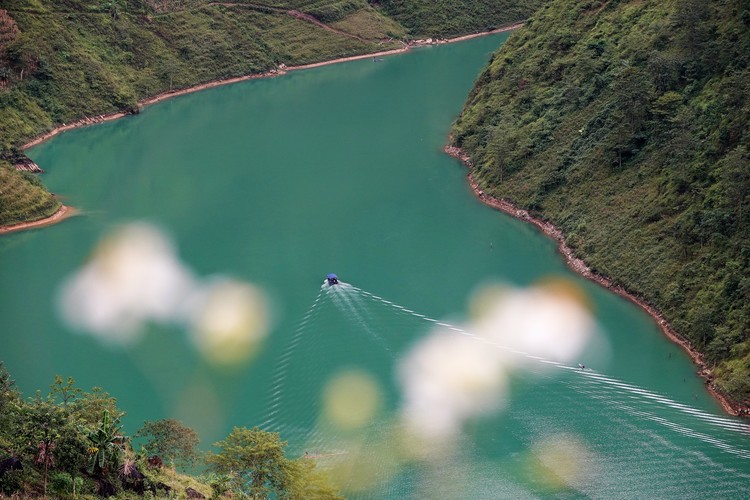 Hình ảnh dòng sông Nho Quế xanh mướt, dịu dàng giữa núi đá