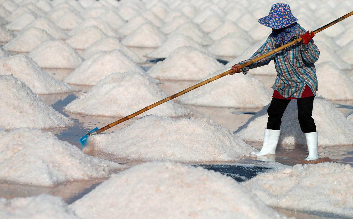 Hình ảnh người phụ nữ làm việc trên cánh đồng muối