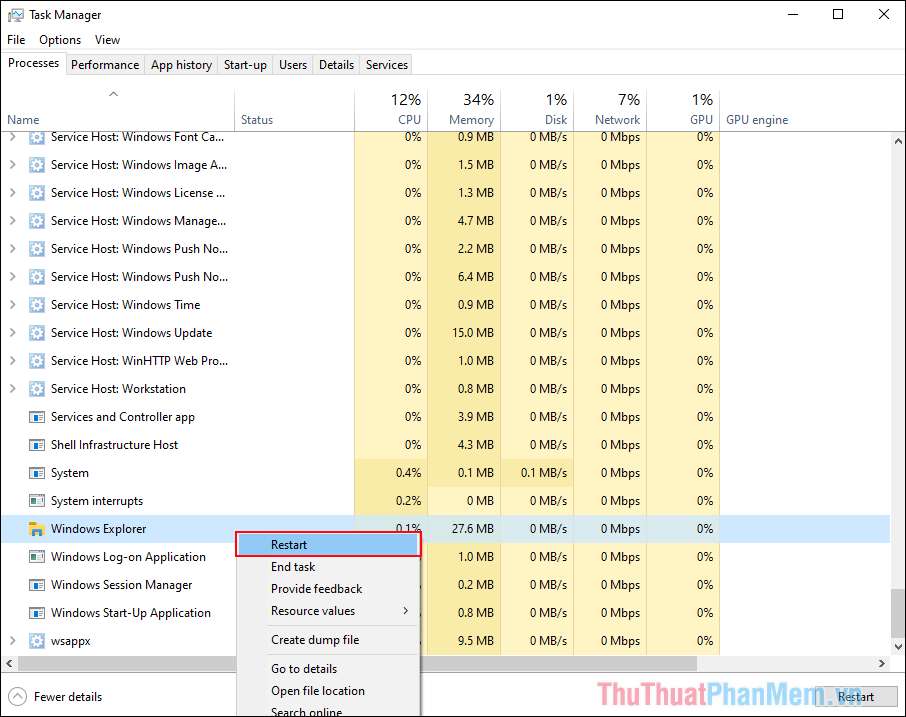 Tìm đến Windows Explorer và chọn Restart