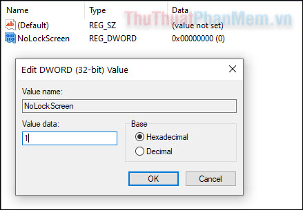 Bấm đúp vào nút NoLockScreen và đặt dữ liệu Giá trị thành 1.