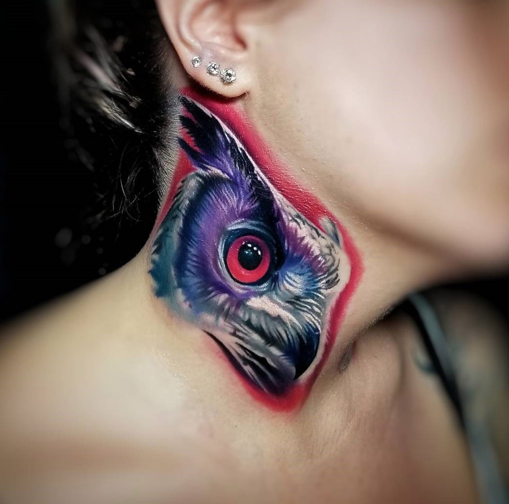 Colorful Owl on Girls Neck