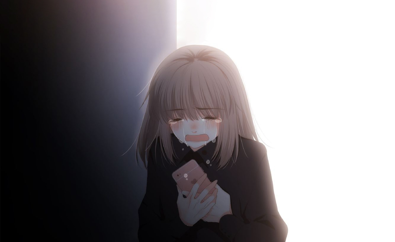 Hình anime ôm điện thoại khóc thầm