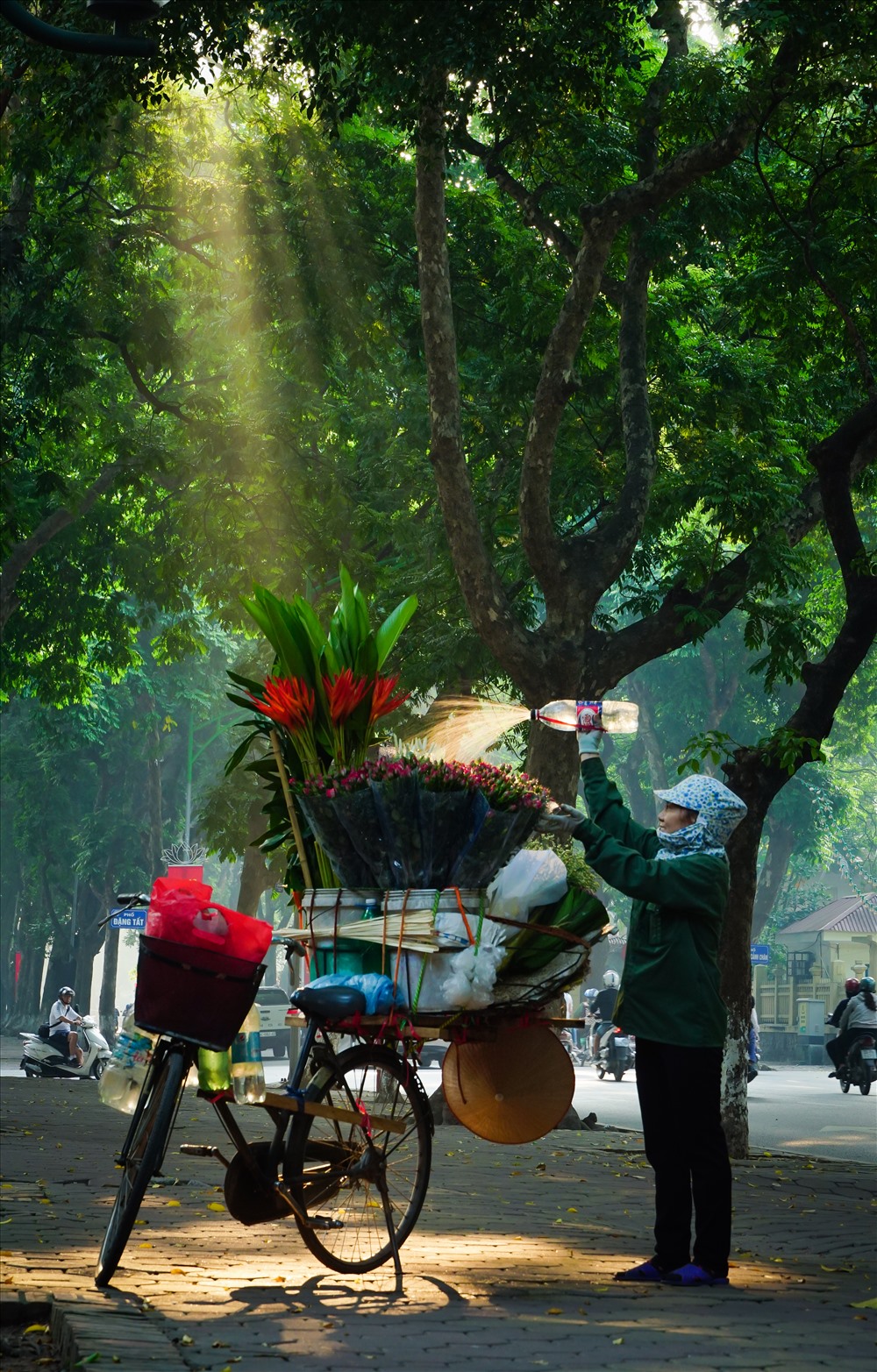 Người bán hoa ven đường mùa thu