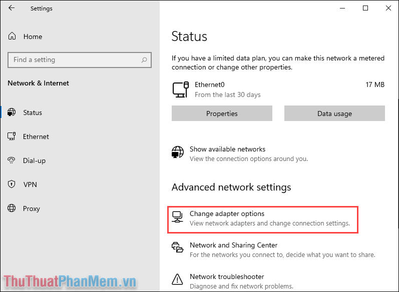 Chọn thẻ Change adapter options để xem các thiết lập mạng đang sử dụng trên Windows 11