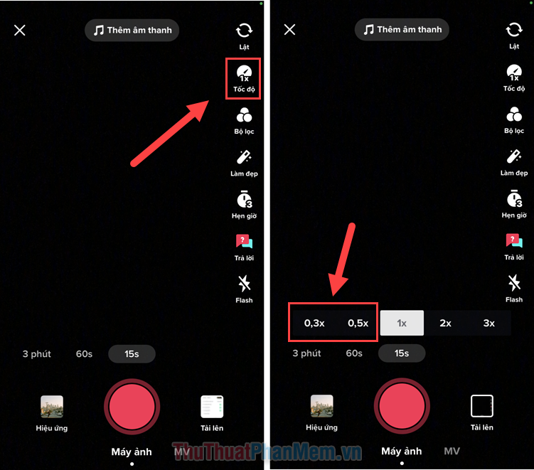 Khi đã điều chỉnh tốc độ, bạn nhấn giữ nút đỏ ở giữa để quay video