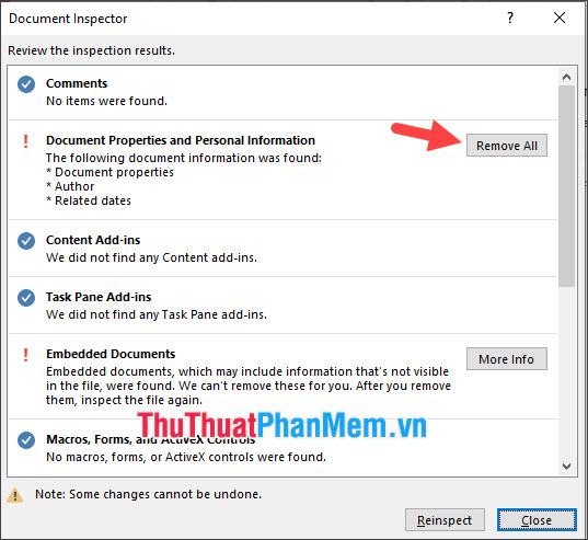 Click vào Remove All trong mục Document Properties and Personal Information