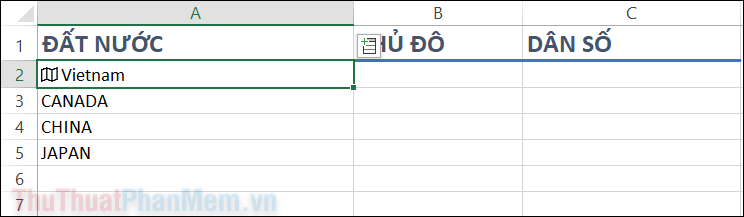Excel sẽ tự động chuyển đổi dữ liệu thành kiểu Địa lý (có biểu tượng bản đồ ở bên cạnh)