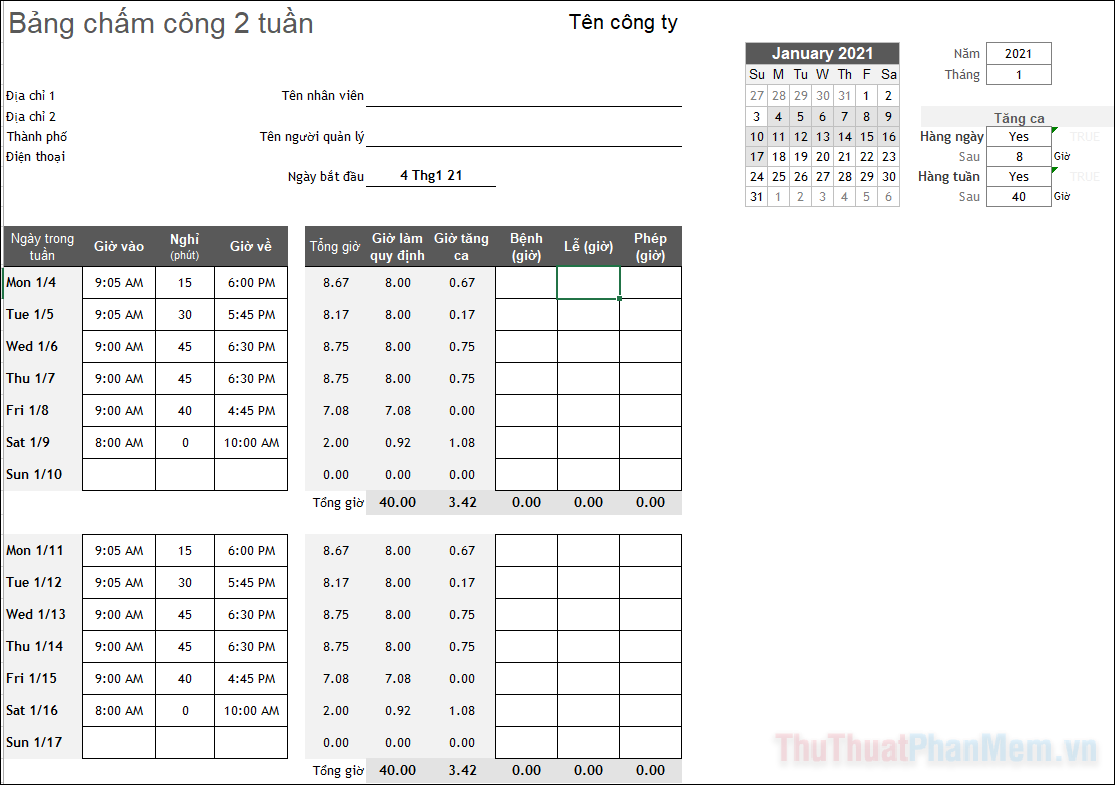 Bảng chấm công 2 tuần (Excel)