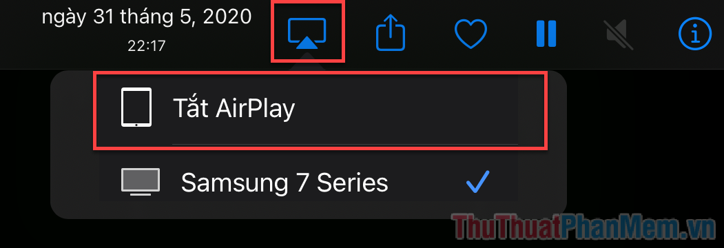 Khi muốn ngắt kết nối iPad với TV, bấm vào biểu tượng Màn hình ở góc trên bên phải, chọn Tắt AirPlay