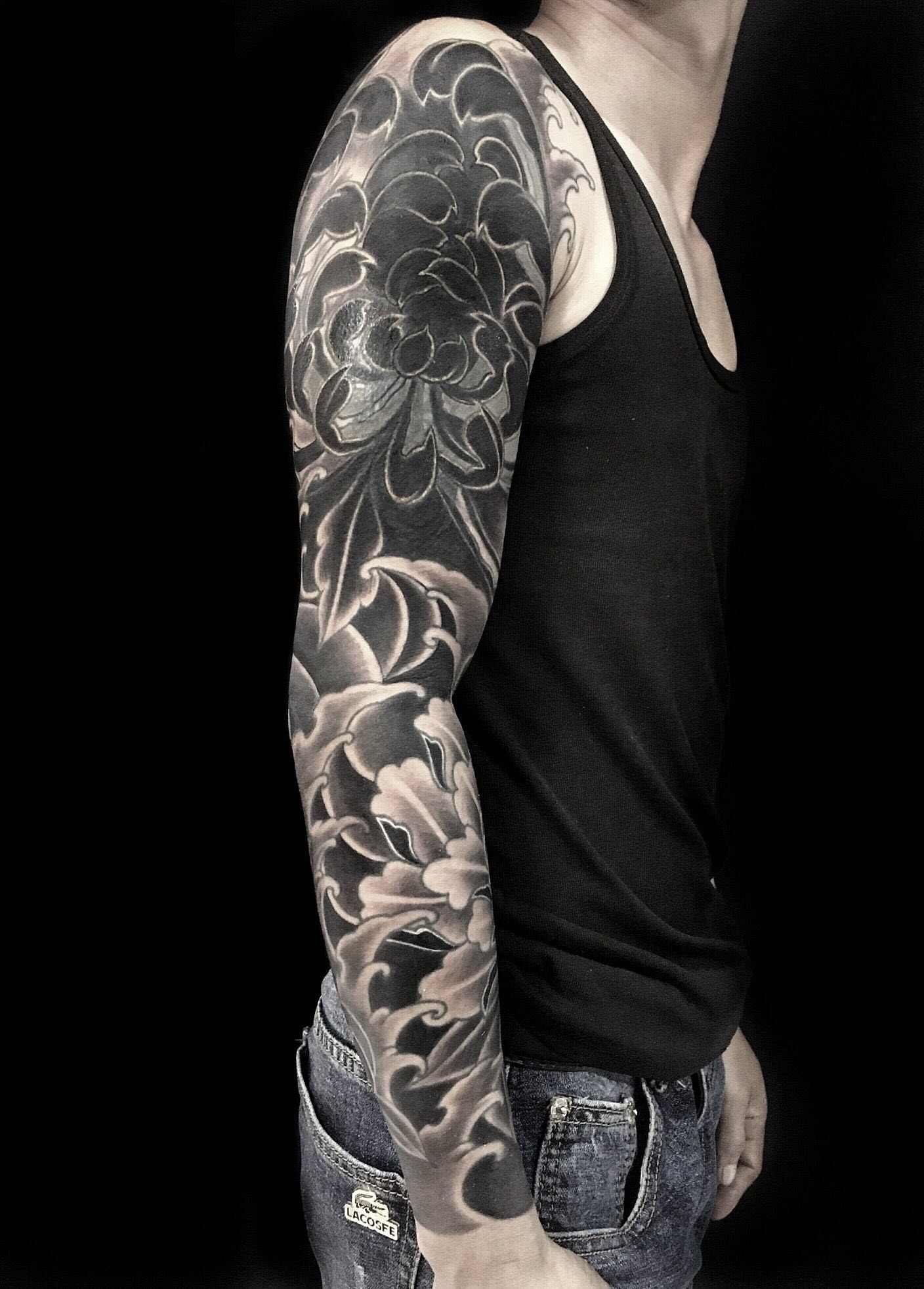Hình xăm dán kín tay cao cấp tattoo full tay trắng đen 17x48cm phù hợp dán