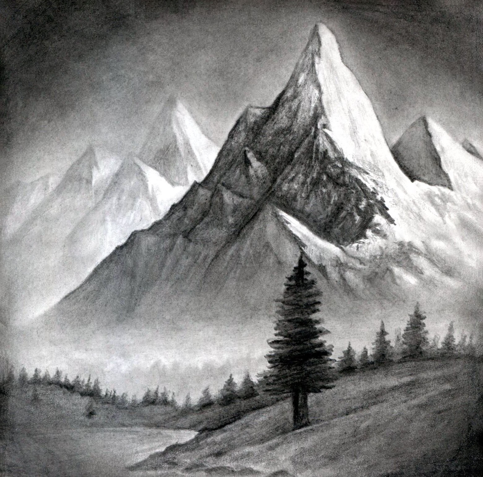 Một bức tranh vẽ cảnh núi buồn bằng bút chì
