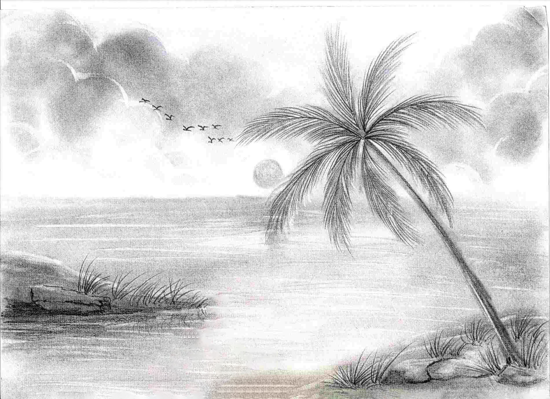 Bức tranh vẽ phong cảnh biển buồn bằng bút chì