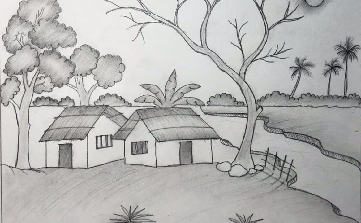 Bức tranh vẽ làng quê buồn đẹp bằng bút chì