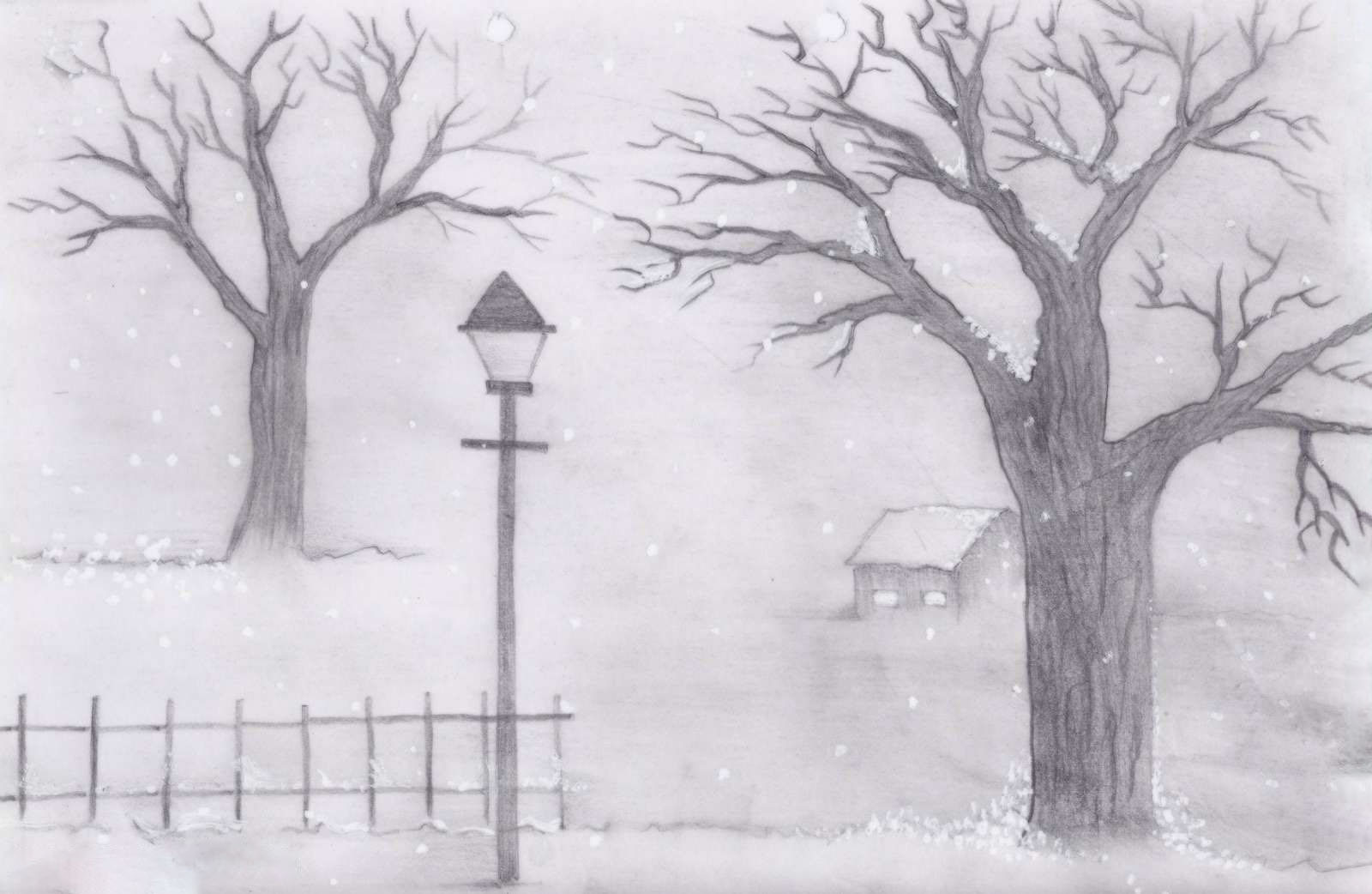 Một bức tranh phong cảnh mùa đông buồn bằng bút chì